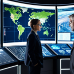 A diverse group of professional scientists and engineers, fully clothed in modern business attire, standing in a brightly lit, high-tech space operations center. They are intently observing a large, detailed holographic projection of Earth with numerous satellites orbiting, symbolizing the new security frontier in space. The scene emphasizes advanced technology and strategic thinking. Perfect anatomy, correct proportions, natural pose, well-formed hands, proper finger count. High-resolution, professional photography, cinematic lighting, appropriate content, safe for work, modest clothing, family-friendly.