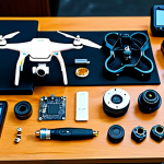 **

"A workshop scene featuring drone components laid out on a workbench: flight controller, gyroscope, accelerometer, barometer, and receiver. Focus on detail and clarity. Safe for work, appropriate content, fully clothed, professional product photography, perfect anatomy, natural proportions, family-friendly."

**