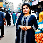 **A professional Pakistani woman in a modest shalwar kameez, standing in a bustling Karachi marketplace, fully clothed, appropriate attire, safe for work, perfect anatomy, natural proportions, professional photography, high quality.**