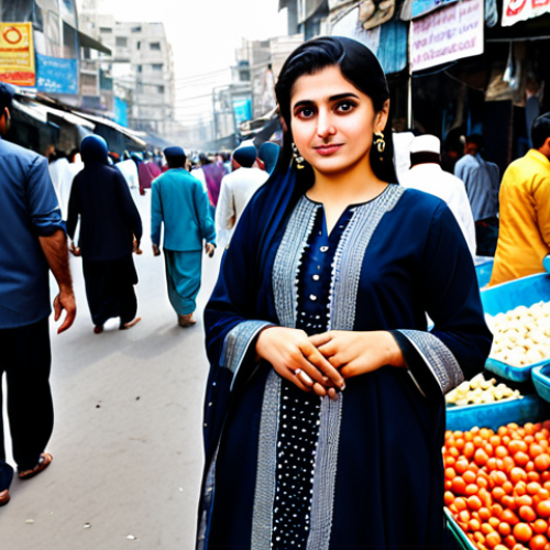 Home 12 **A professional Pakistani woman in a modest shalwar kameez, standing in a bustling Karachi marketplace, fully clothed, appropriate attire, safe for work, perfect anatomy, natural proportions, professional photography, high quality.**