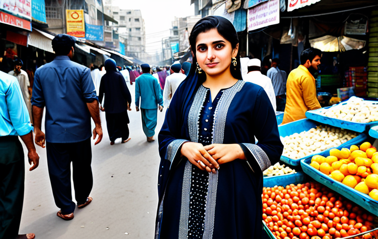 **A professional Pakistani woman in a modest shalwar kameez, standing in a bustling Karachi marketplace, fully clothed, appropriate attire, safe for work, perfect anatomy, natural proportions, professional photography, high quality.**