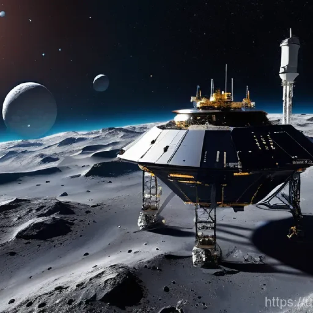 우주 광물 자원 개발 - **Prompt:** "A majestic, wide-angle shot of an advanced space mining operation on a large, metallic ...