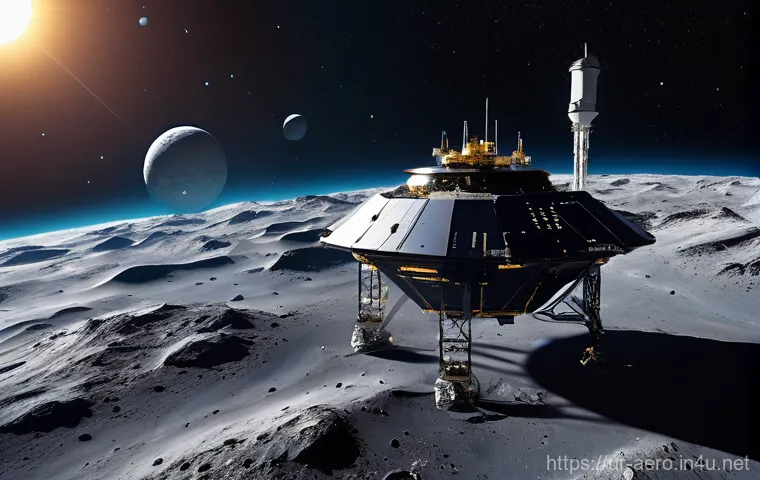 우주 광물 자원 개발 - **Prompt:** "A majestic, wide-angle shot of an advanced space mining operation on a large, metallic ...