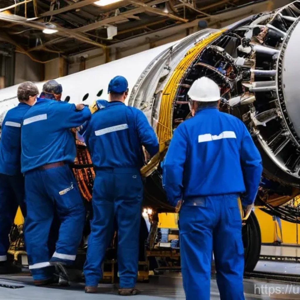 항공기 유지보수 및 수리 - **Prompt for Airplane Engine Maintenance:**
"A team of highly skilled aircraft mechanics in clea...
