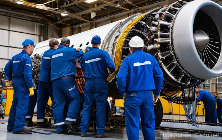 항공기 유지보수 및 수리 - **Prompt for Airplane Engine Maintenance:**
"A team of highly skilled aircraft mechanics in clea...