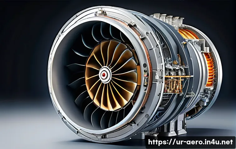제트엔진 구조 및 성능 - A highly detailed, cutaway illustration of a modern jet engine compressor, showcasing multiple compr...