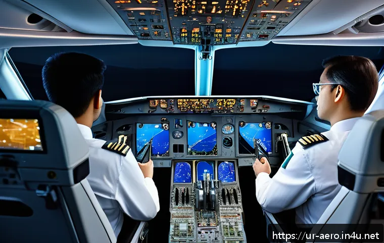 전자광학 항공 기술 - A futuristic airplane cockpit interior featuring advanced electro-optical vision systems with multip...