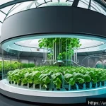 우주 도시 건설 기술 - A futuristic space city environmental dome interior showing lush hydroponic gardens with a variety o...