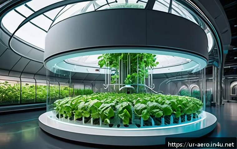 우주 도시 건설 기술 - A futuristic space city environmental dome interior showing lush hydroponic gardens with a variety o...