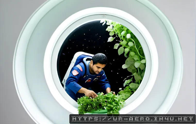 우주정거장 자급자족 시스템 - Photorealistic interior of a self-sustaining space station, a Pakistani-origin astronaut in a modest...